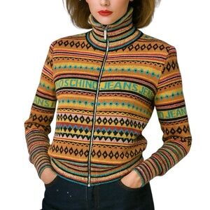 VTG Moschino Jeans Striped Aztec Knit Logo Zip Up Wool Sweater Vibrant Jacket
